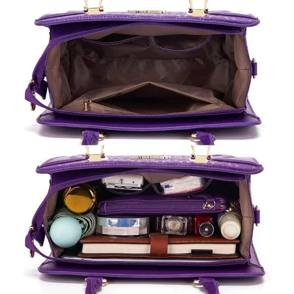 Women's Purple Faux Leather Top Handle High Quality Smooth Zippers Tote Bag - Picture 6 of 7